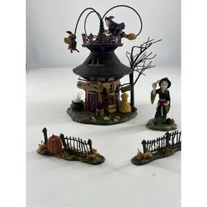 Dept 56 Halloween Snow Village House Witch Way Flight School Video Decoration